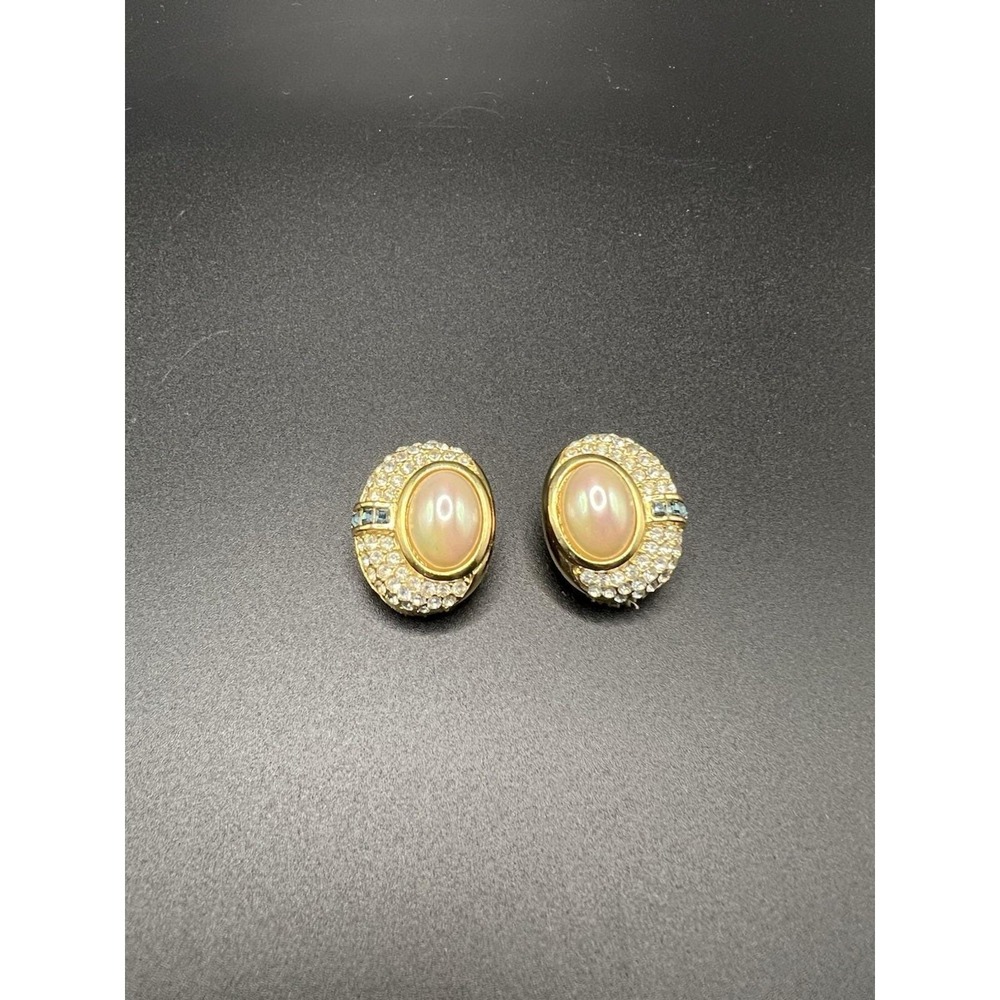 Vintage Christian Dior Clip-On Earrings Faux Pearl Rhinestone Gold Tone Signed